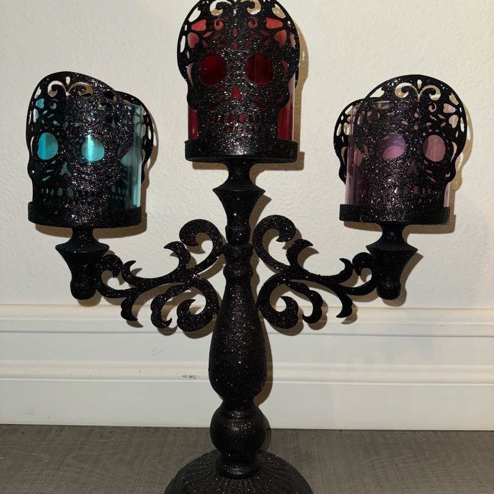 Black Sparkle Three Votive Goth Skull Candelabra
